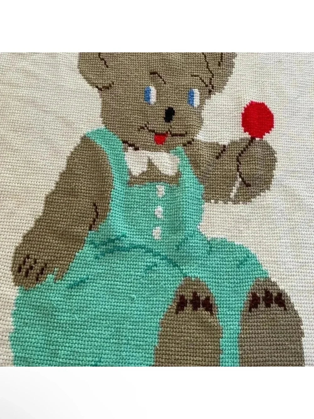 Vintage Crochet Knit Baby Teddy Bear Teal White Throw Nursery Crib Blanket